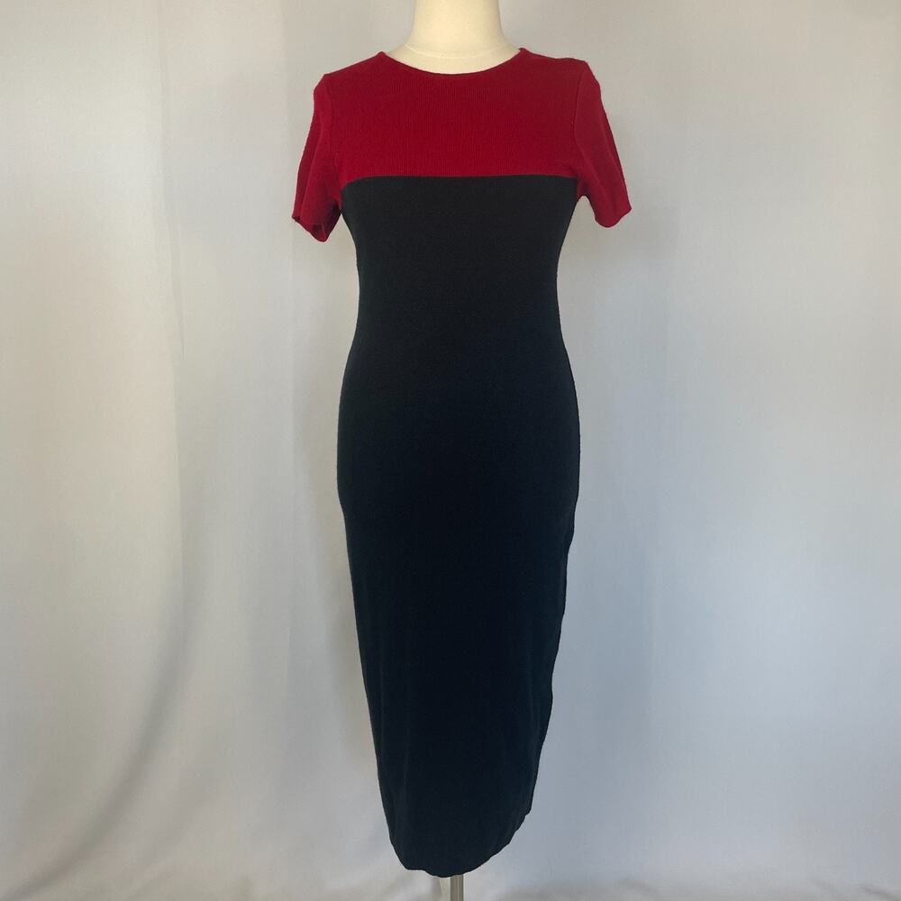 Vintage Sweater Dress Size Large Black Red Colorblock Long Maxi Knit Minimal 90s